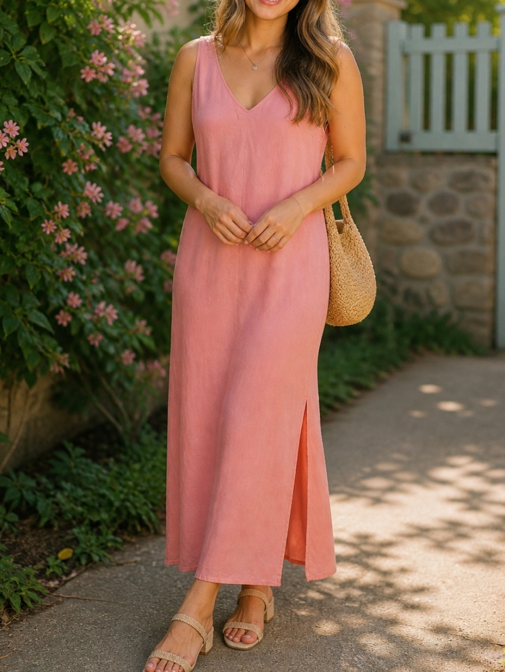 NWT OUI Blush Pink Satin Slip Dress V-Neck Side Slits Midi Minimalist Luxe $335